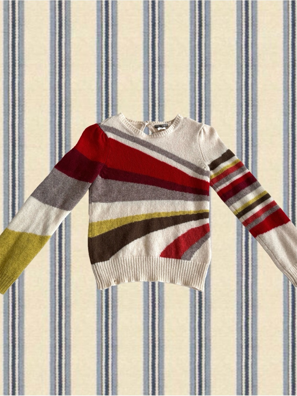 J. Crew Cream Crewneck Sweater with Red, Maroon, Yellow & Brown Stripes - Picture 4 of 7